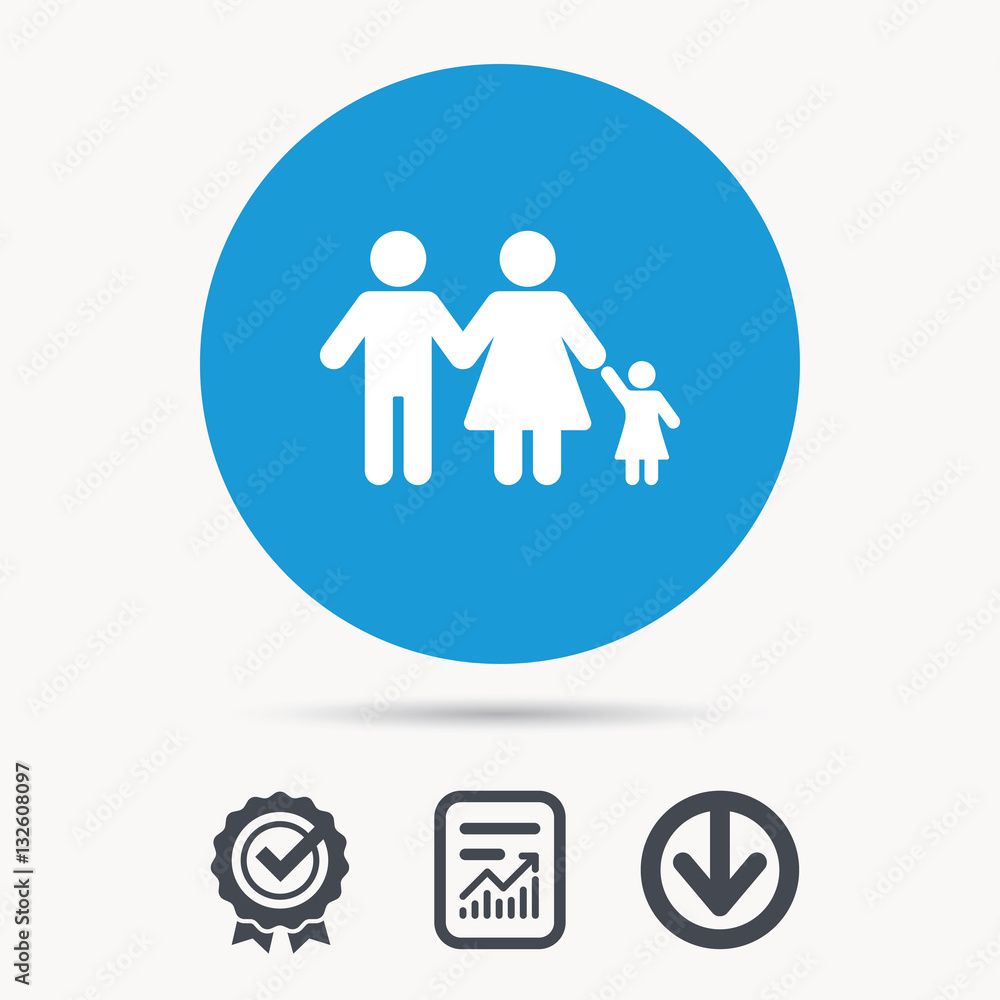 Family icon. Father, mother and child symbol. Achievement check, download and report file signs. Circle button with web icon. Vector Family icon. Father, mother and child symbol. Achievement check, download and report file signs. Circle button with web icon. Vector