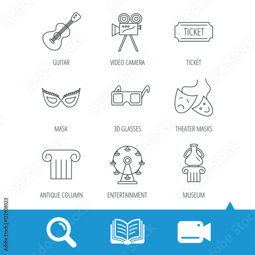 Museum  guitar music and theater masks icons. Ticket  video camera and 3d glasses linear signs. Entertainment  antique column icons. Video cam  book and magnifier search icons. Vector