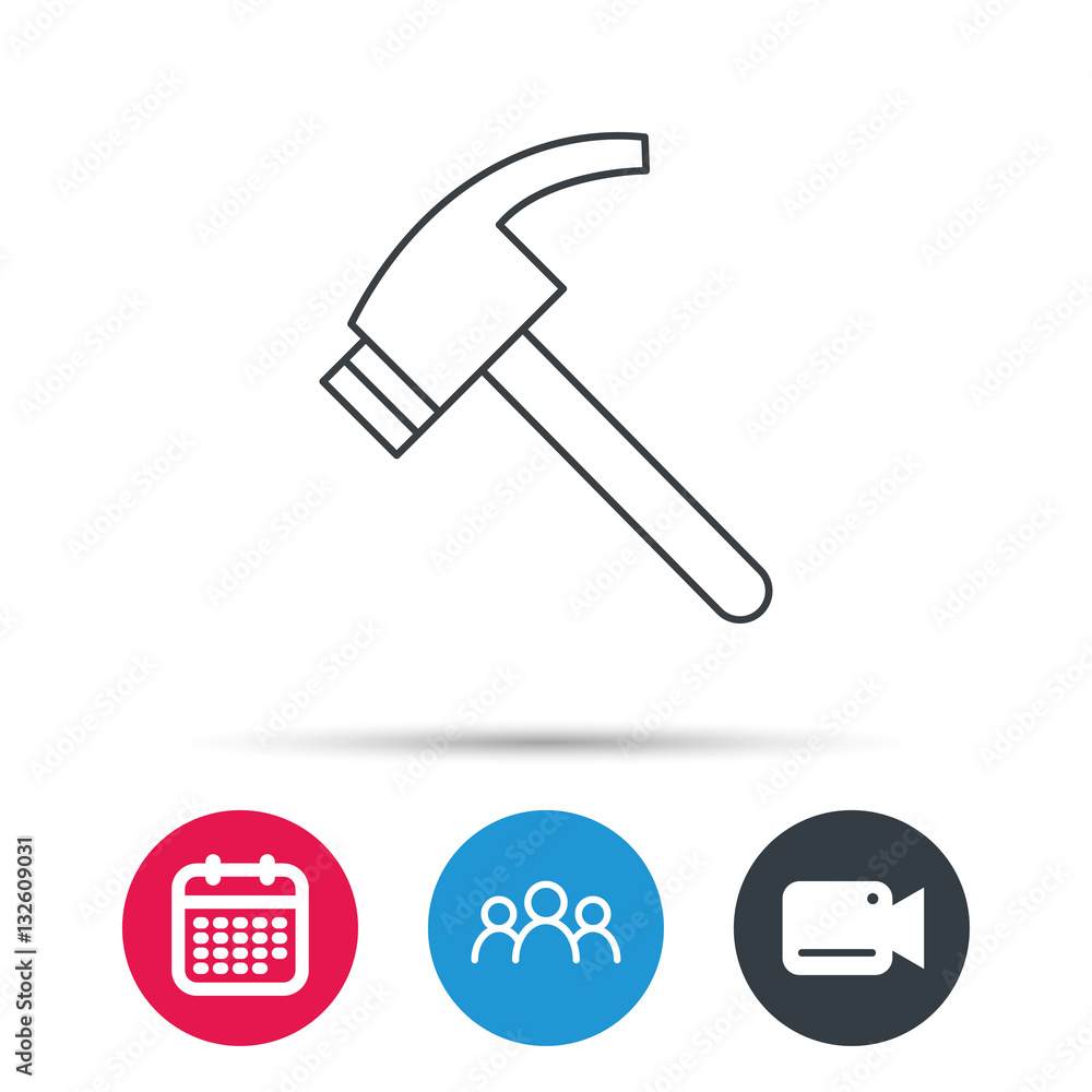 Hammer icon. Repair or fix tool sign. Group of people, video cam and calendar icons. Vector Hammer icon. Repair or fix tool sign. Group of people, video cam and calendar icons. Vector