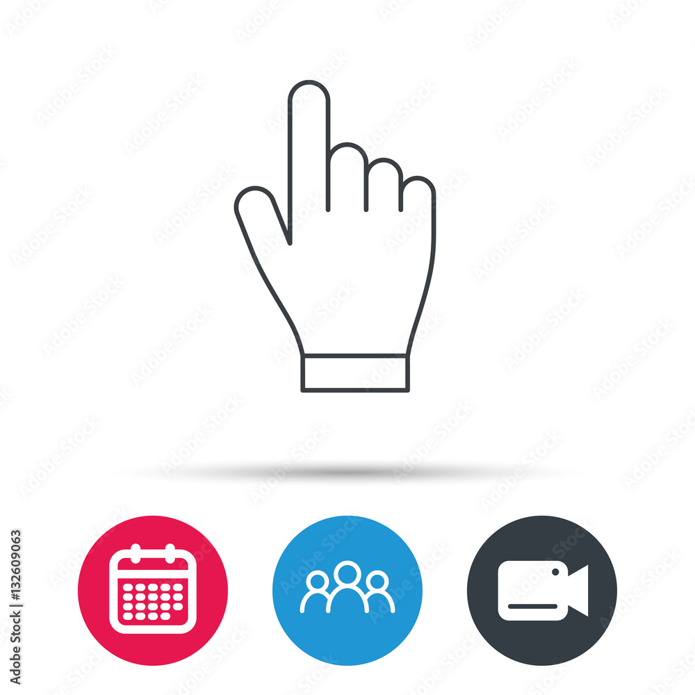 Click hand icon. Press or push pointer sign. Group of people, video cam and calendar icons. Vector Click hand icon. Press or push pointer sign. Group of people, video cam and calendar icons. Vector