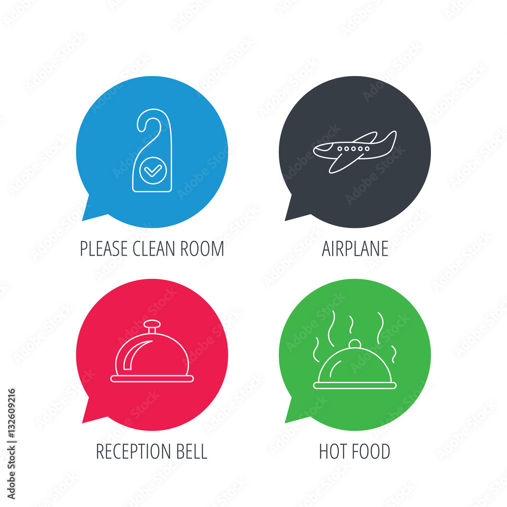 Colored speech bubbles. Hot food, reception bell and clean room icons. Airplane linear sign. Flat web buttons with linear icons. Vector