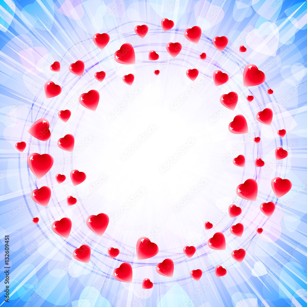 Circles of hearts in a round ring vortex on the background of light rays and confetti from symbols of love; Greeting card for Valentine's Day, weddings with a text frame; Vector Eps10; Blue version