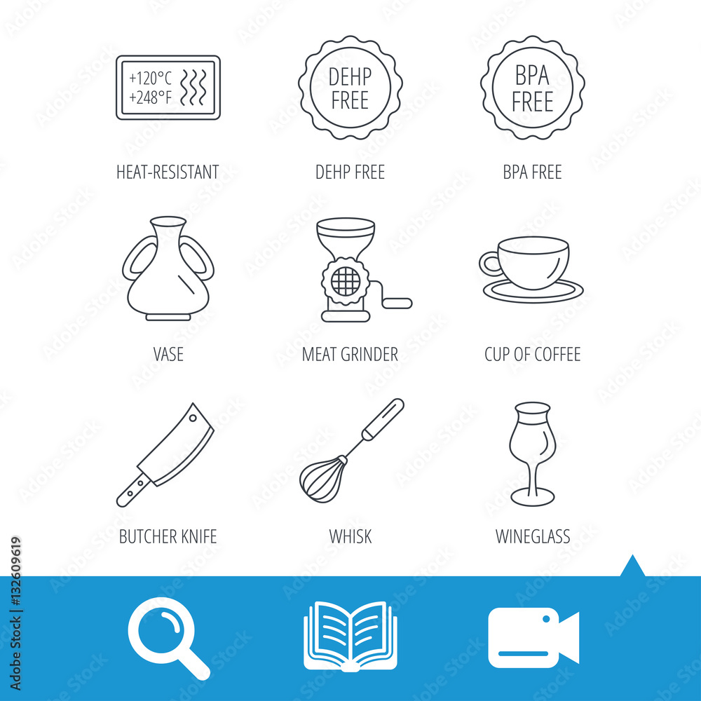 Coffee cup, butcher knife and wineglass icons. Meat grinder, whisk and vase linear signs. Heat-resistant, DEHP and BPA free icons. Video cam, book and magnifier search icons. Vector