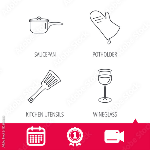 Achievement and video cam signs. Saucepan, potholder and wineglass icons. Kitchen utensils linear sign. Calendar icon. Vector