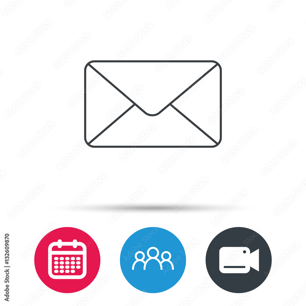 Envelope mail icon. Email message sign. Internet letter symbol. Group of people, video cam and calendar icons. Vector Envelope mail icon. Email message sign. Internet letter symbol. Group of people, video cam and calendar icons. Vector