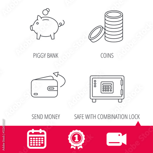 Achievement and video cam signs. Piggy bank, cash money and wallet icons. Safe box, send money linear signs. Calendar icon. Vector