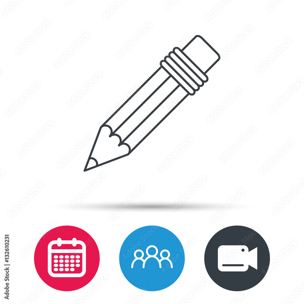 Pencil icon. Drawing tool sign. Group of people, video cam and calendar icons. Vector Pencil icon. Drawing tool sign. Group of people, video cam and calendar icons. Vector