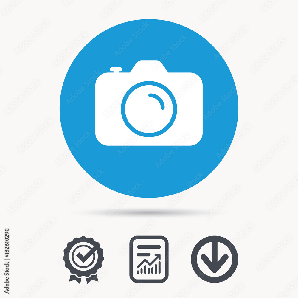 Camera icon. Professional photocamera symbol. Achievement check, download and report file signs. Circle button with web icon. Vector Camera icon. Professional photocamera symbol. Achievement check, download and report file signs. Circle button with web icon. Vector