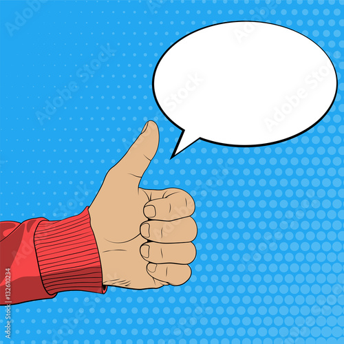 Thumbs up and blank speech bubble. The illustration in pop art s