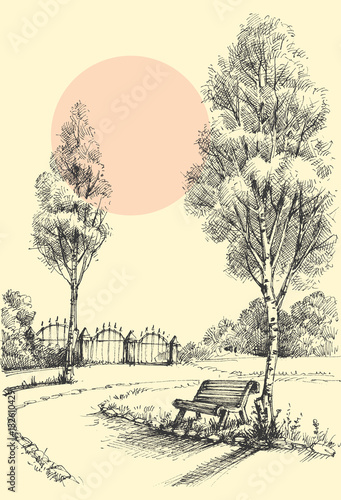 Garden artistic drawing, an alley in the park