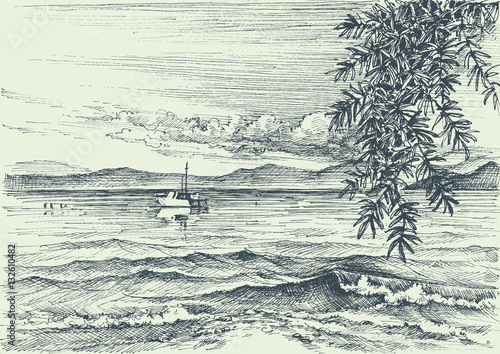 Calm sea view etching, an olive tree on shore