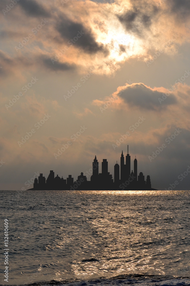 City skyline scene viewing from the sea