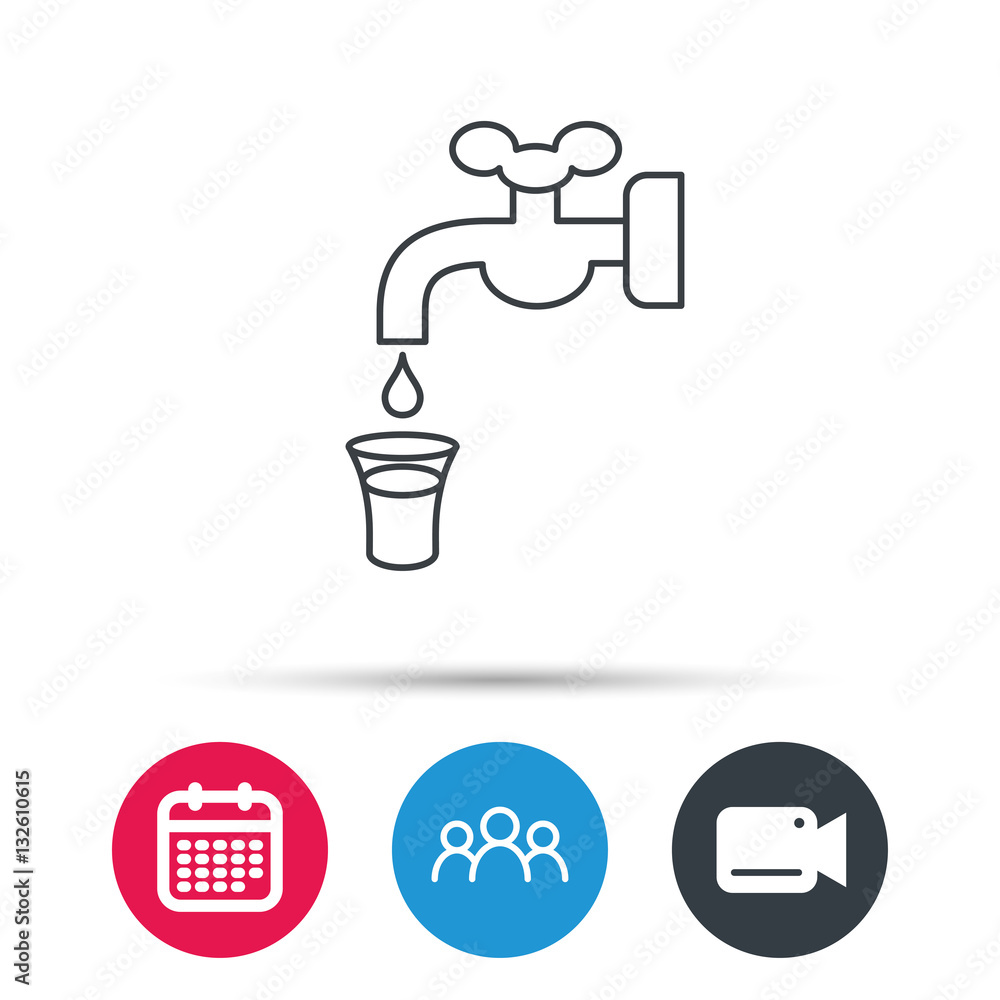 Save water icon. Crane or Faucet with drop sign. Group of people, video cam and calendar icons. Vector Save water icon. Crane or Faucet with drop sign. Group of people, video cam and calendar icons. Vector