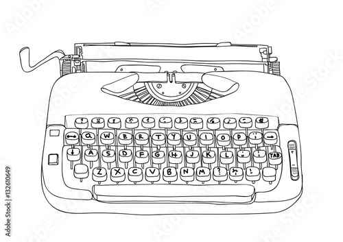 Typewriter Creme and Blue vintage vector line art cute illustrat