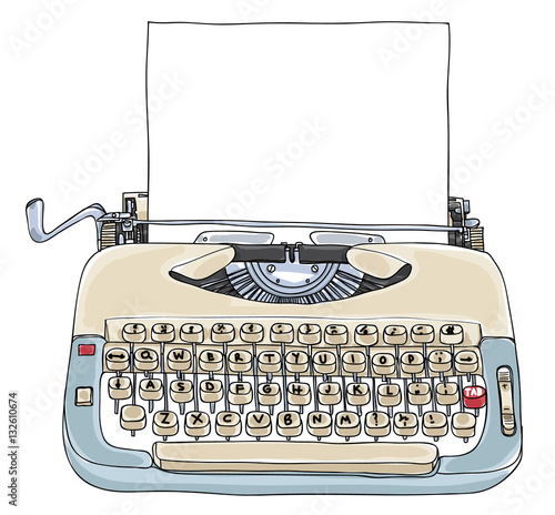 Typewriter Creme and Blue with blank paper vintage vector  art c