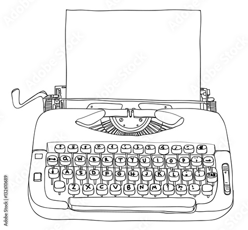 Typewriter Creme and Blue with blank paper vintage vector line a