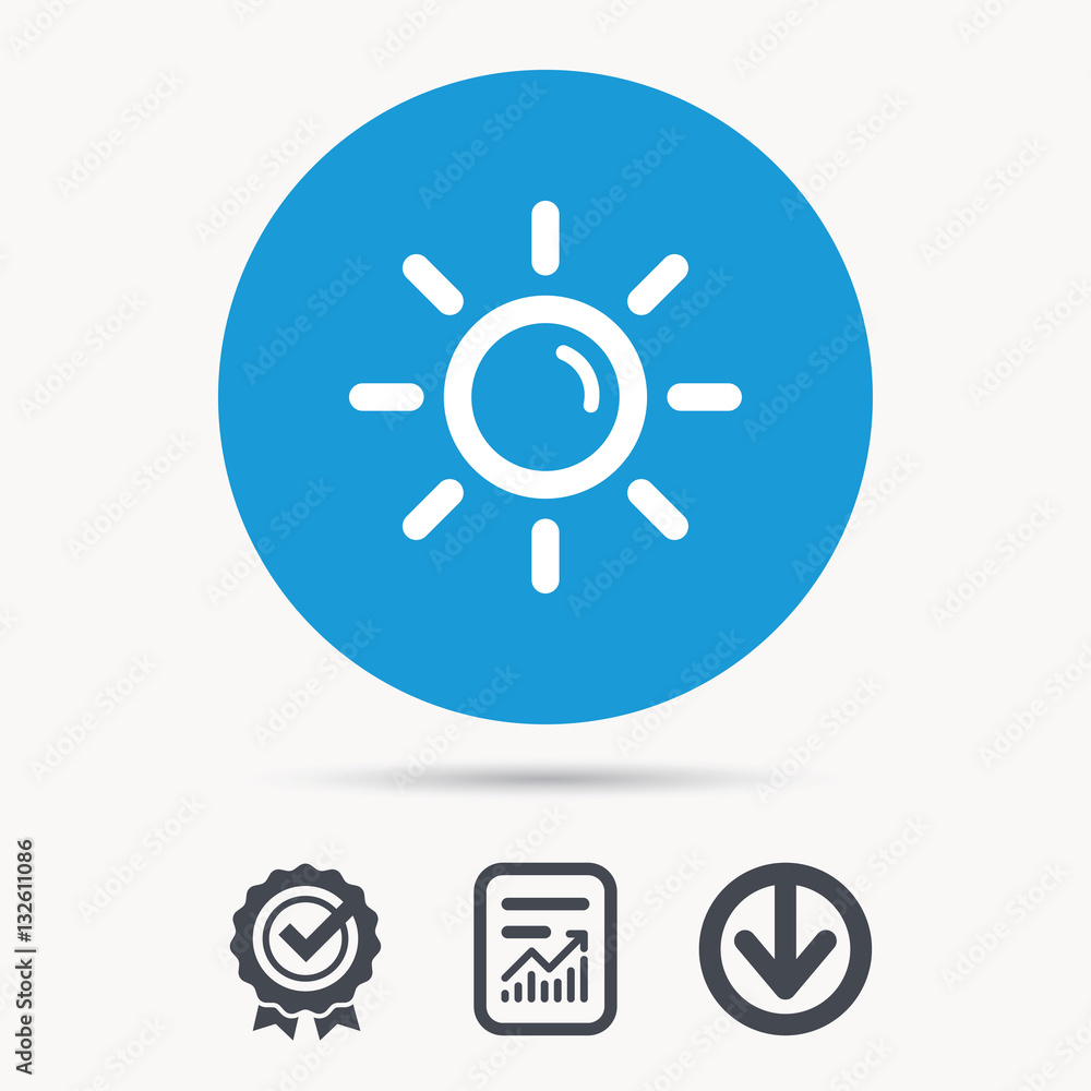 Sun icon. Sunny weather symbol. Achievement check, download and report file signs. Circle button with web icon. Vector Sun icon. Sunny weather symbol. Achievement check, download and report file signs. Circle button with web icon. Vector