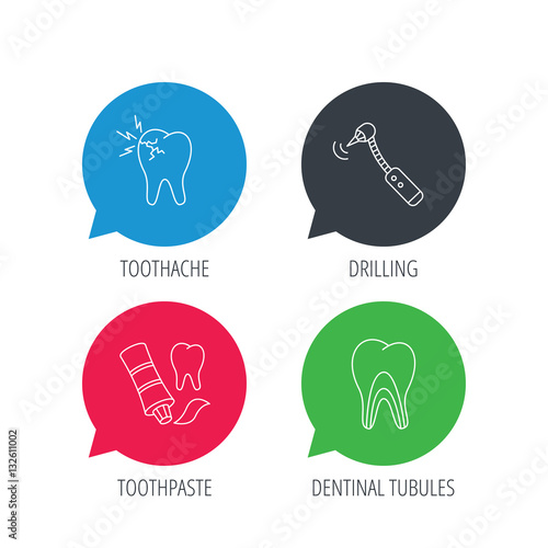 Colored speech bubbles. Toothpaste, dental tubules and toothache icons. Drilling tool linear sign. Flat web buttons with linear icons. Vector