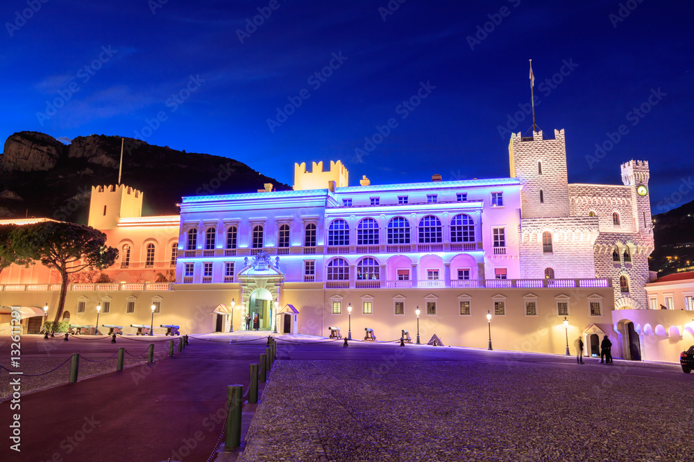 Beautiful night building of Prince's Palace in Monaco-ville.