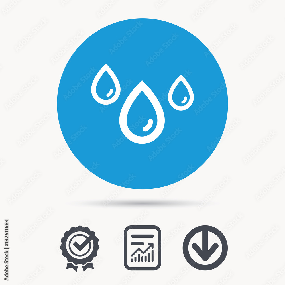 Water drop icon. Rainy weather symbol. Achievement check, download and report file signs. Circle button with web icon. Vector Water drop icon. Rainy weather symbol. Achievement check, download and report file signs. Circle button with web icon. Vector