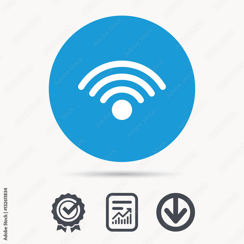 Wifi icon. Wireless internet sign. Communication technology symbol. Achievement check, download and report file signs. Circle button with web icon. Vector Wifi icon. Wireless internet sign. Communication technology symbol. Achievement check, download and report file signs. Circle button with web icon. Vector