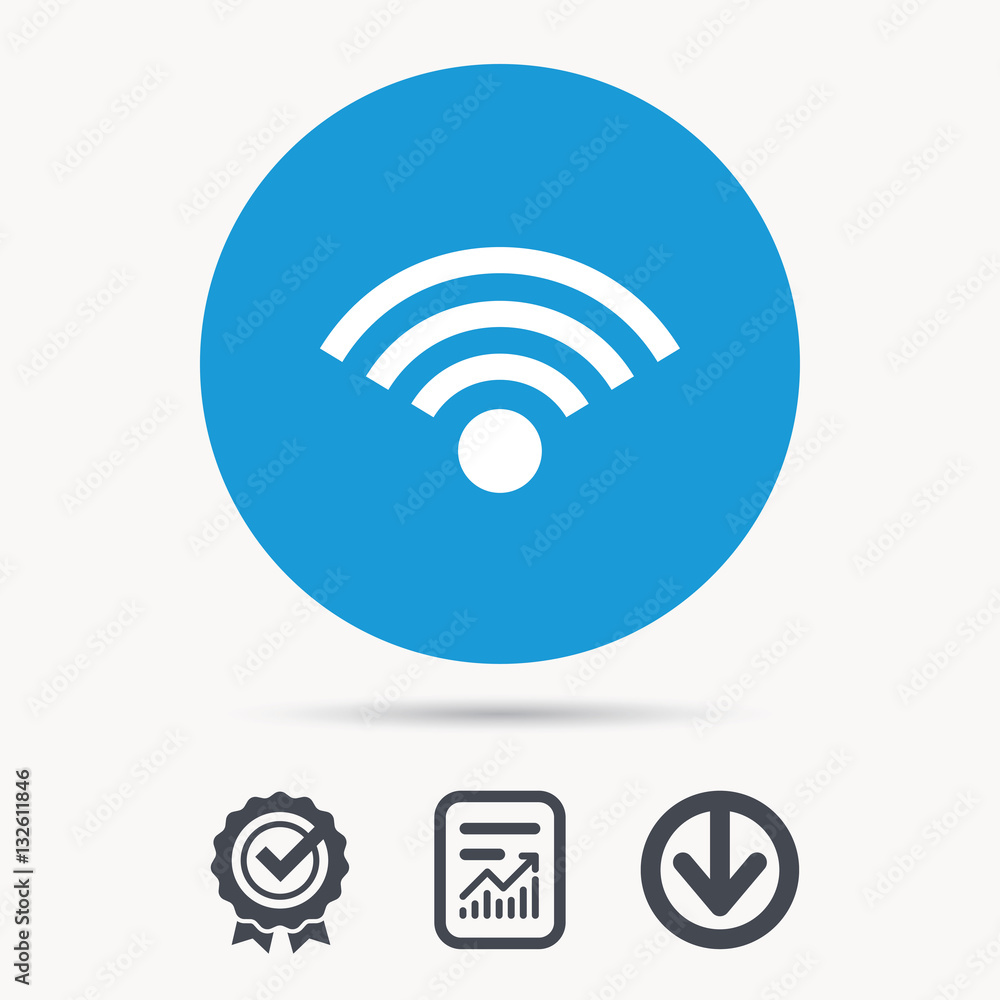 Wifi icon. Wireless internet sign. Communication technology symbol. Achievement check, download and report file signs. Circle button with web icon. Vector Wifi icon. Wireless internet sign. Communication technology symbol. Achievement check, download and report file signs. Circle button with web icon. Vector