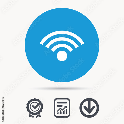 Wifi icon. Wireless internet sign. Communication technology symbol. Achievement check, download and report file signs. Circle button with web icon. Vector