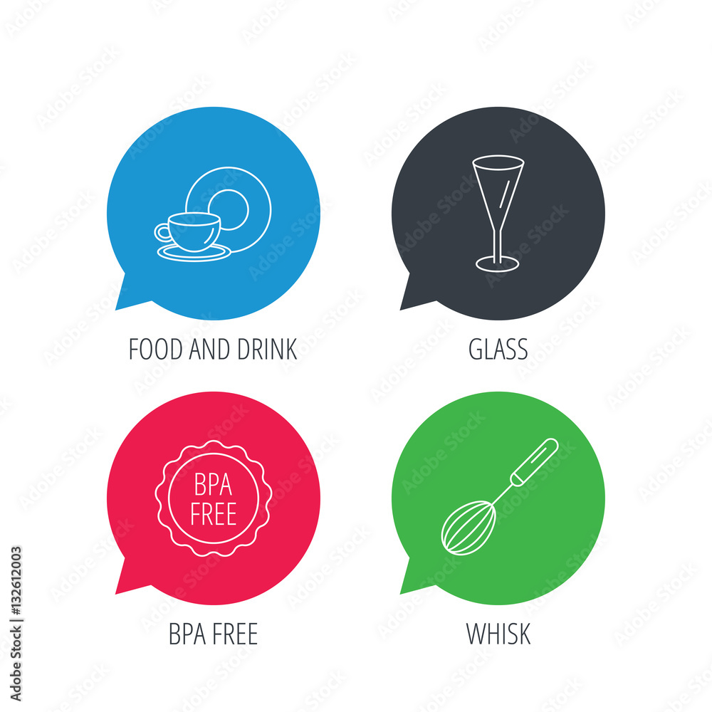Colored speech bubbles. Food and drink, glass and whisk icons. BPA free linear sign. Flat web buttons with linear icons. Vector Colored speech bubbles. Food and drink, glass and whisk icons. BPA free linear sign. Flat web buttons with linear icons. Vector