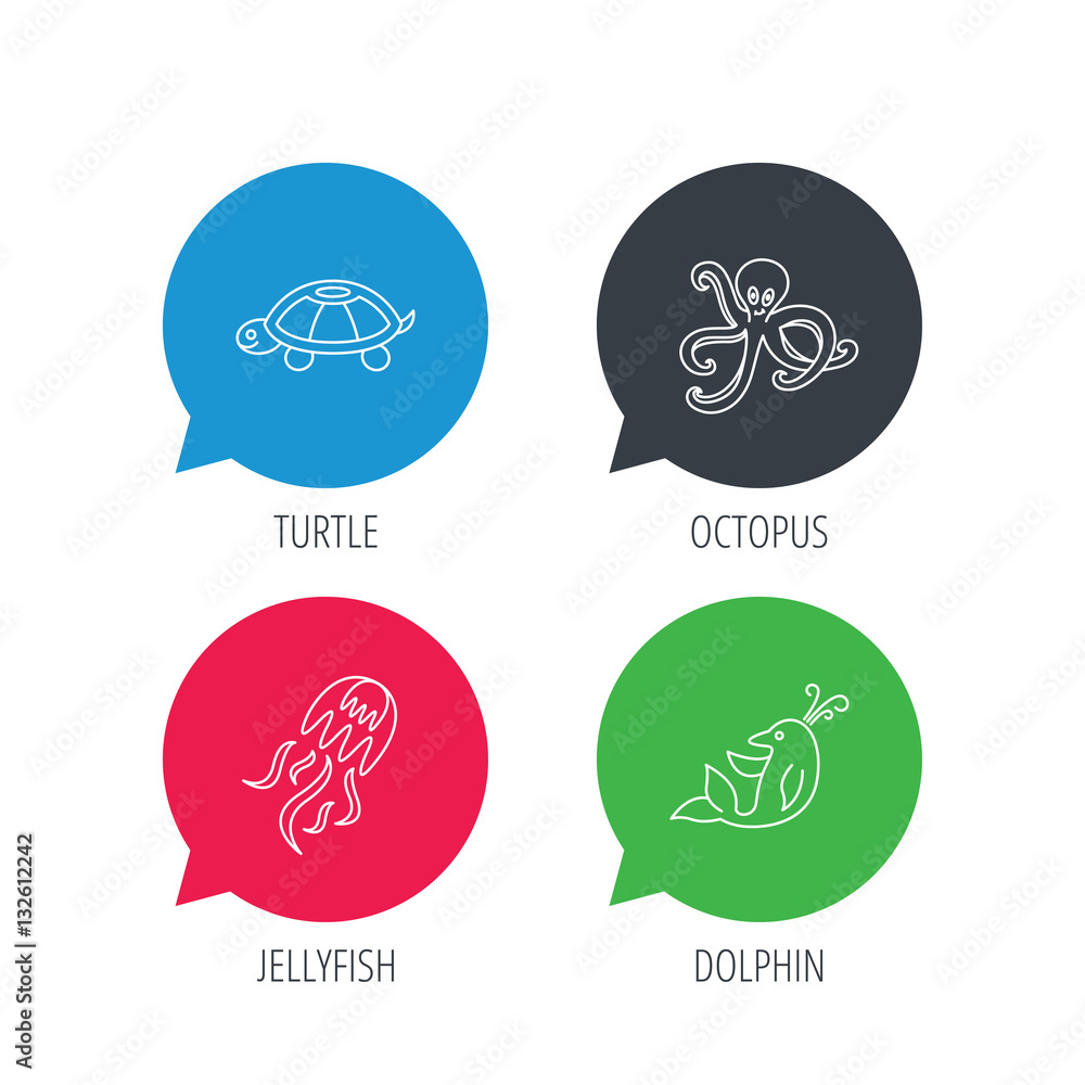 Colored speech bubbles. Octopus, turtle and dolphin icons. Jellyfish linear sign. Flat web buttons with linear icons. Vector