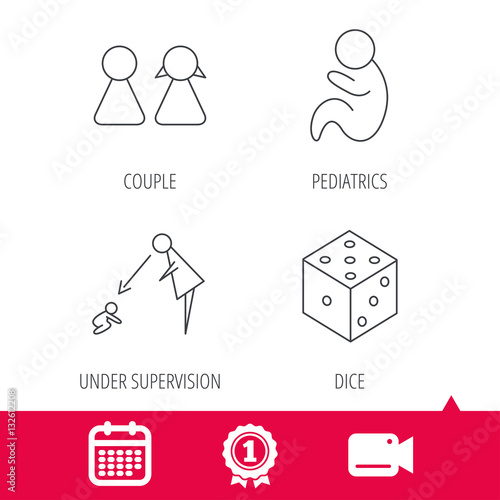 Achievement and video cam signs. Couple, paediatrics and dice icons. Under supervision linear sign. Calendar icon. Vector