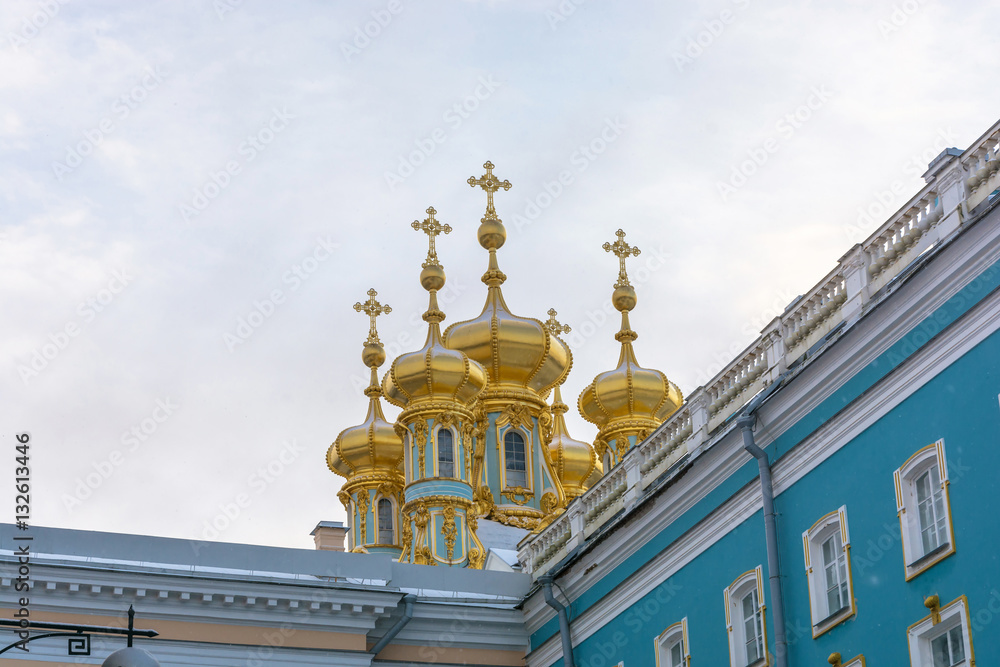 Golden domes of Catherine Palace in Pushkin, St. Petersburg, Rus