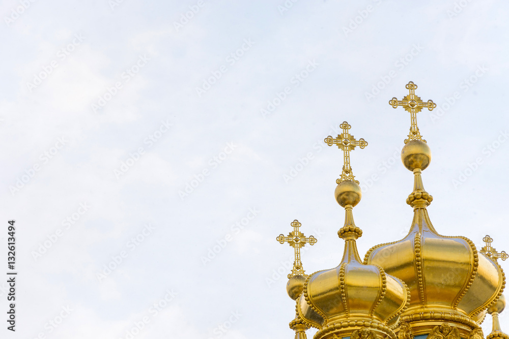 Golden domes of Catherine Palace in Pushkin, St. Petersburg, Rus
