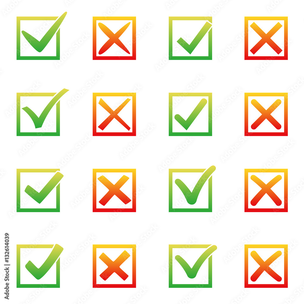 Mark X and V in check box. Sunny gradient color green hooks, red crosses. Yes No icons in frame for websites or applications. Right Wrong signs isolated on white. Red cross, green tick vector set Mark X and V in check box. Sunny gradient color green hooks, red crosses. Yes No icons in frame for websites or applications. Right Wrong signs isolated on white. Red cross, green tick vector set