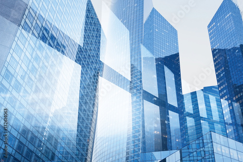 abstract business interior background, blue window double exposure, technology