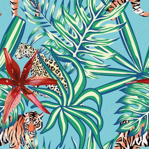 Lampart tygrysi tropikalnych liści lilia bezszwowe tło niebieski