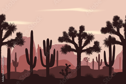 Desert seamless pattern with joshua trees and saguaro cacti.