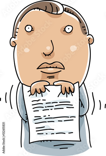 A cartoon of a nervous man holding a paper document. 