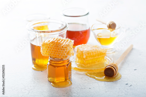 Various types of honey and honeycomb