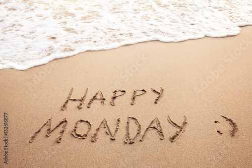 happy monday, greeting card on the sandy beach