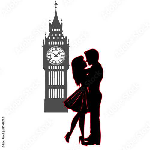 Vector ilustration of lovers silhouette in London, innamorati silhouette vettoriali a Londra