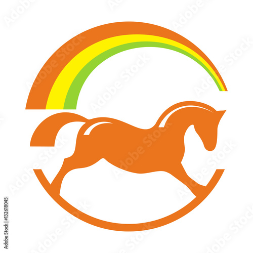 Rocking horse with rainbow. Pony sport silhouette logo. Vector.