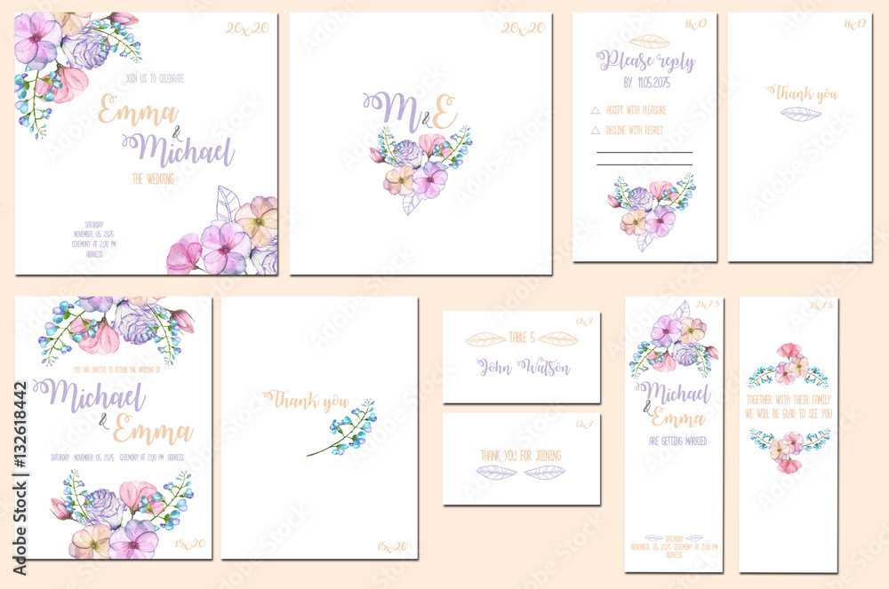 Template cards set with watercolor pink and purple flowers; wedding design for invitation, number, RSVP, Thank you card, for anniversary day