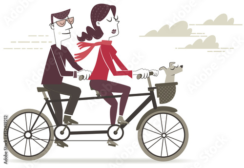 Bike ride. Retro style illustration of a man and woman riding a tandem.