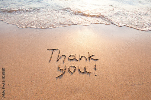 thank you, gratitude concept, beautiful card, word written on sand beach