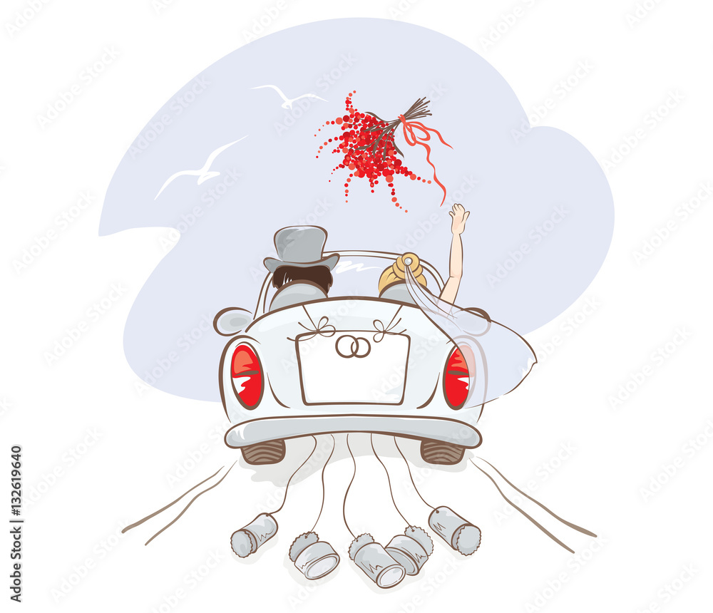 Wedding car / Vector illustration, card with bride and groom in car ...