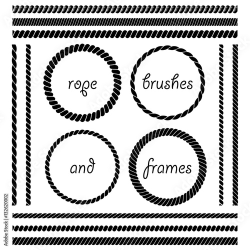 Set of round vector frames from nautical rope isolated on white background. Collection of thick and thin brushes to design frames, borders simulating a braided rope. The brush included in the file