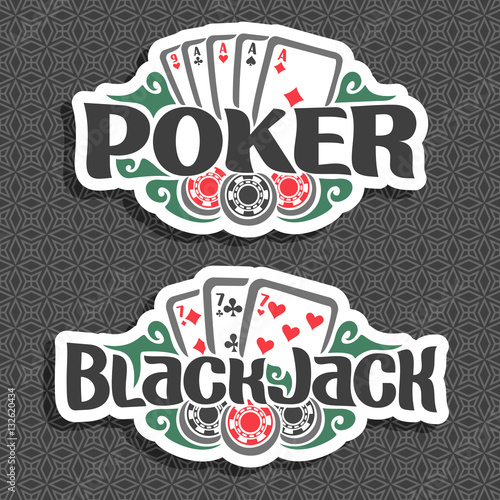 Vector logo Poker and Black Jack: playing cards four of kind aces for gambling game poker, chips for casino, card combination of seven 7 on geometric pattern background, lettering on blackjack theme.