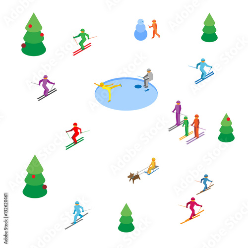 Lot of colored people skiing and skating on white background. Winter sports or holidays concept. Isometric 3d vector image clip art. 