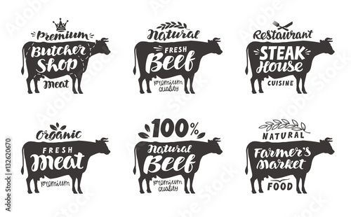 Cow. Vector set food labels, badges and icons. Lettering butcher shop, beef, steak house, meat, farmer's market