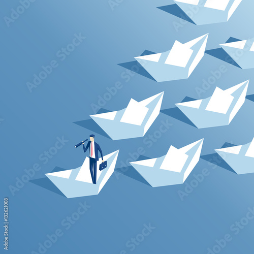 Isometric businessman with telescope floats on a paper boat and leads a group of other paper boats. Business concept  leader and team